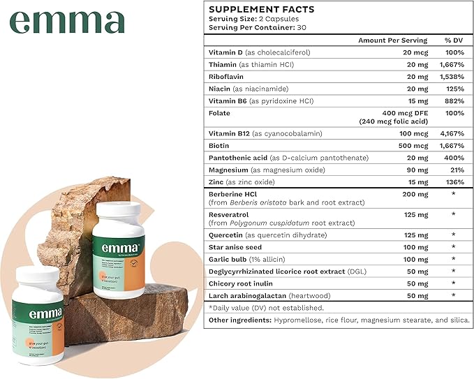 Emma Gut Health - 4 Pack - Gas and Bloating Relief, Constipation, Leaky Gut Repair - Gut Cleanse & Restore Digestion - Regulate Bowel Movement. Probiotics and Laxative Alternative, 240 Capsules