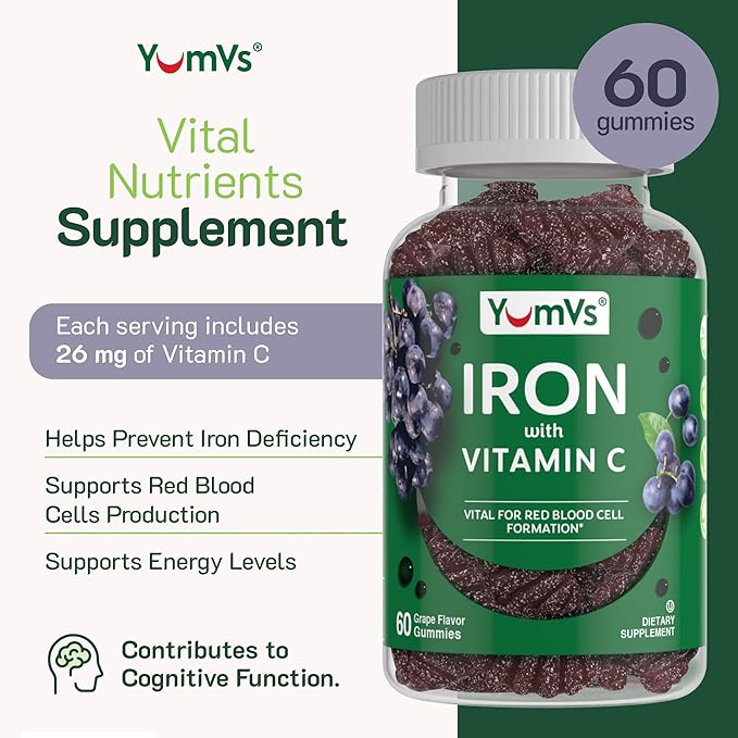 VumVs Iron Gummies for Women and Men - Grape Flavor - 10 mg Chewable Iron Supplement for Women Gummies with Vitamin C - Kosher, Gluten Free - Blood Builder Iron Supplement Gummies (60 Count), 2 Pack