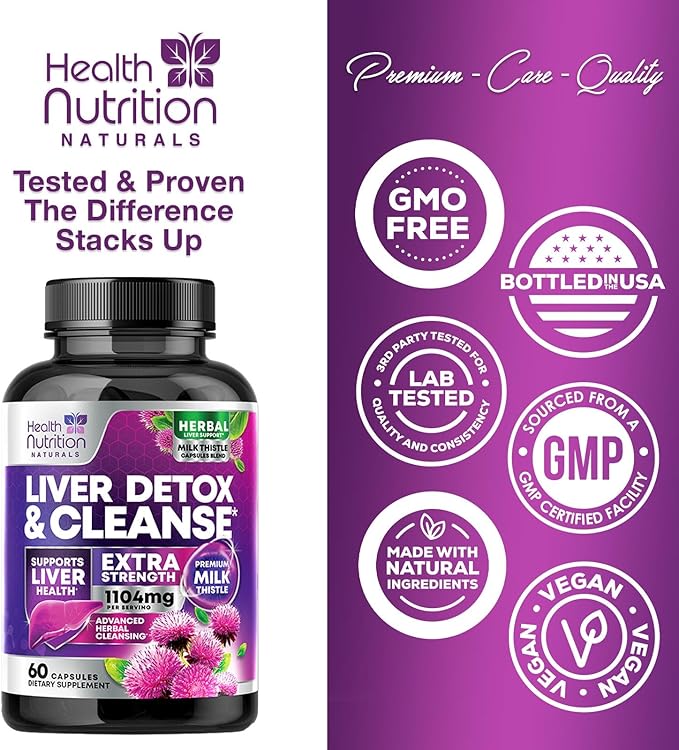 Gentle Liver Cleanse Detox & Repair Formula - Herbal Liver Support Supplement: Milk Thistle with Silymarin, Artichoke Extract, Dandelion, Beet, Chicory Root, & Turmeric for Liver Health - 60 Capsules