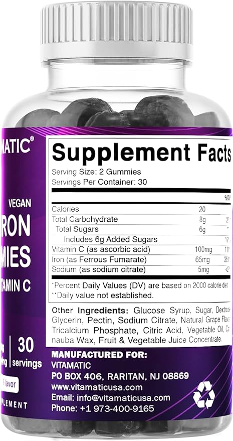 Vitamatic Iron 65 mg Gummies Supplement for Women & Men - 60 Vegan Gummies - Great Tasting Iron Gummy Vitamins with Vitamin C (6)