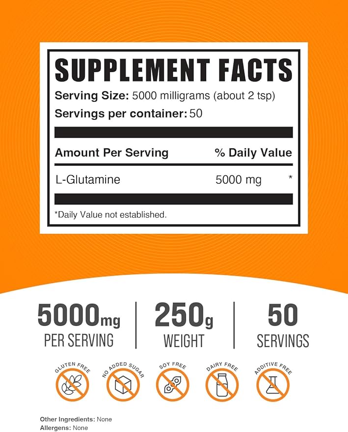 BulkSupplements.com L-Glutamine Powder - Glutamine Supplement, L-Glutamine 5000mg, L Glutamine Powder - Unflavored & Gluten Free, 5000mg per Serving, 250g (8.8 oz) (Pack of 1)