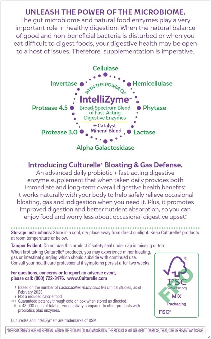 Culturelle Bloating & Gas Defense, Digestive Enzymes & Probiotics for Digestive Health, 30 Capsules, Supports Occasional Indigestion & Discomfort (Pack of 2)
