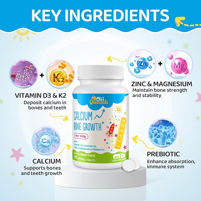 500 MG Calcium Supplement with Vitamin D3 & K2, Zinc, Magnesium & Prebiotics. Kids Vitamins for Kids' Height. Bone Strength, High Absorption, Orange Chewables, Non-GMO, Gluten Free, 120 Tabs