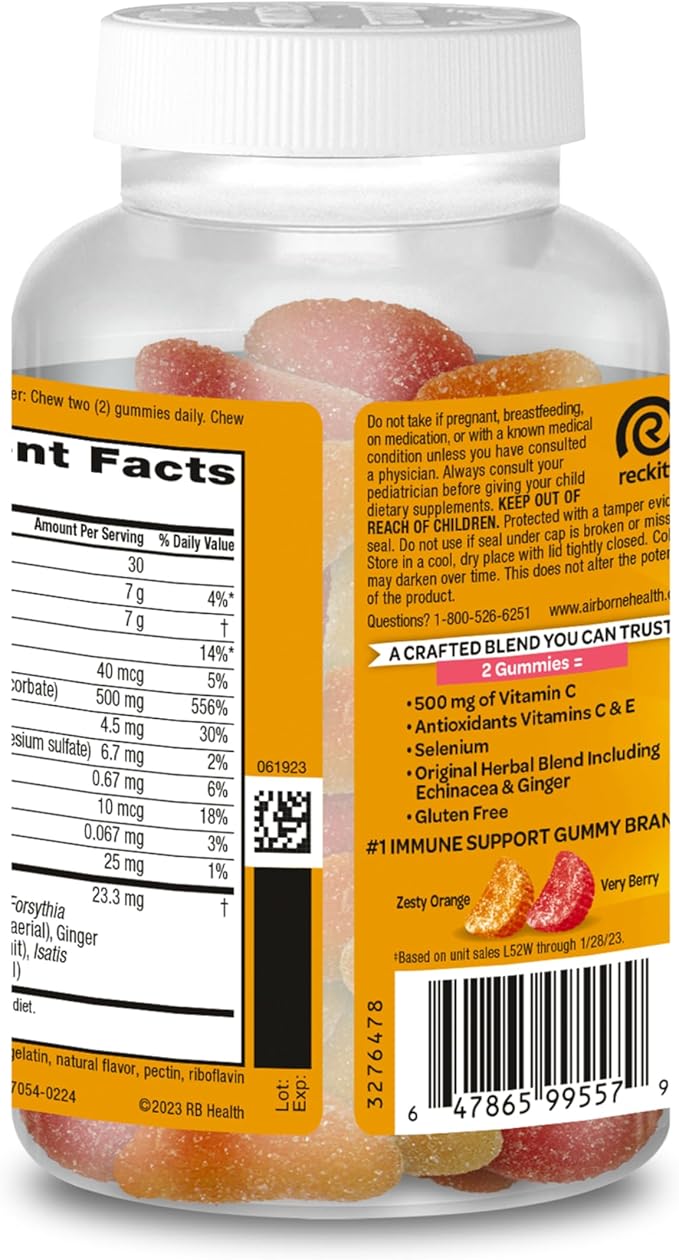 Airborne KIDS 500mg Vitamin C Gummies, Kids Immune Support Zinc Gummies With Powerful Antioxidants Vit C & E - 63 , Assorted Fruit Flavor