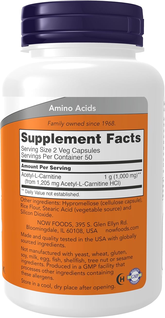 NOW Supplements, Acetyl-L Carnitine 500 mg, Amino Acid, Brain And Nerve Cell Function*, 100 Veg Capsules