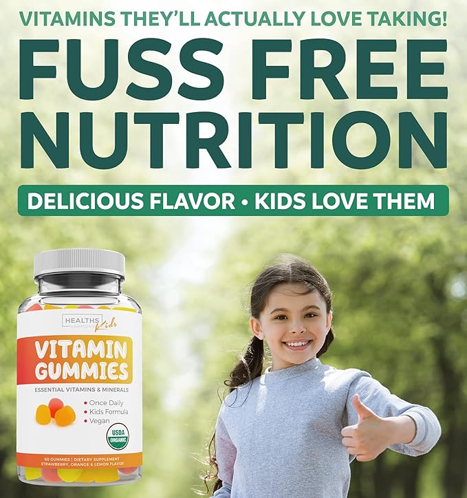 USDA Organic Kids Vitamin Gummies (Non-GMO) Yummy Natural Fruit Flavors - Complete Kids Multivitamin Gummies: Vitamin C, D, B, A, Zinc - Supplement for Energy, Mood, Immune Support - 60 Gummy Vitamins