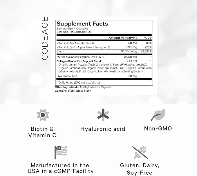 Codeage Biotin Marine Collagen Peptides - Wild-Caught Marine Collagen Types I & III, 10,000 mcg Biotin, Vitamins C & E, Hyaluronic Acid, Amino Acids, Fruit and Herb Blend, Non-GMO - 120 Capsules