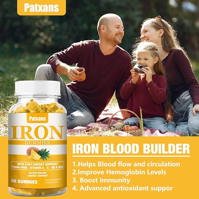 1 Pack 100MG Iron Supplement Gummies for Women & Men - with Vitamin A, C, B - Blood Builder & Energy Support for Iron Deficiency, Anemia, Adults & Children, Vegan, Pineapple Flavor Gummy, 60ct