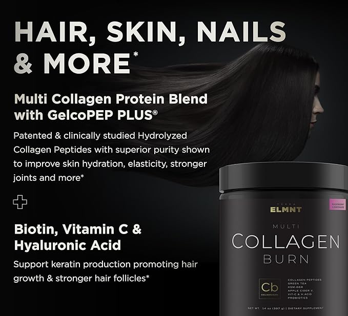 ELMNT Super Collagen Burn for Women w. Probiotics, Hyaluronic Acid, Apple C Vinegar, KSM66, Biotin+ Premium Colageno Multi Collagen Protein Powder for Weight Loss, Fat Burner, Hair, Skin+ (R-Lemonade)