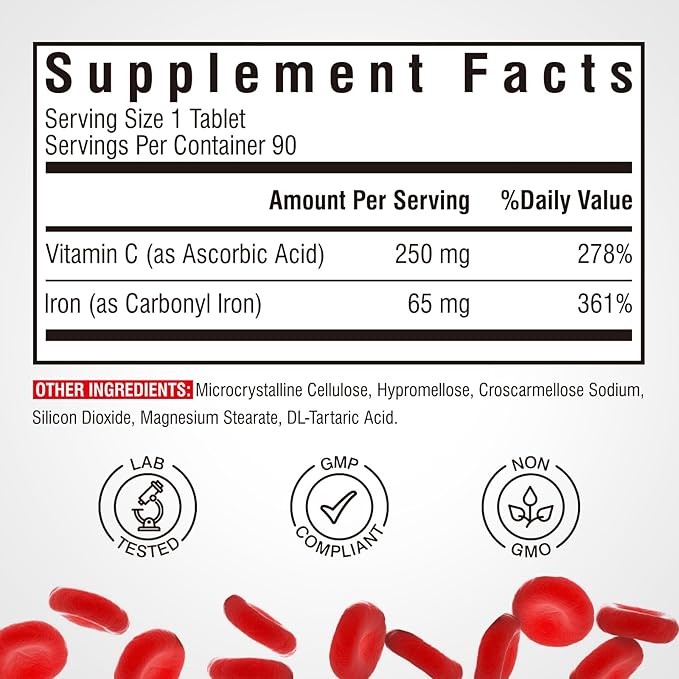 Iron Supplement 65mg with Vitamin C, Stomach Friendly Carbonyl Iron, High Absorption, Once Daily, Supports Red Blood Cell Production, Gluten Free, Non-GMO, 90 Tablets