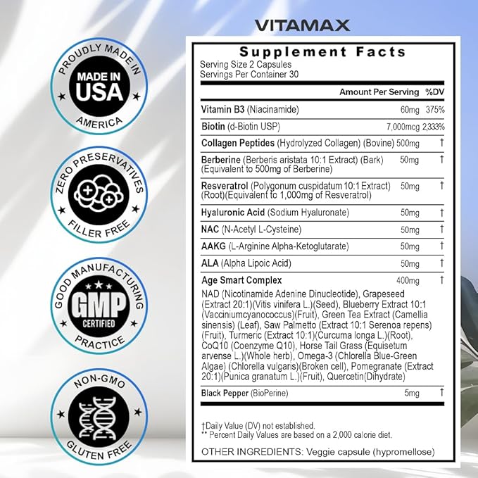 Resveratrol NAD+ Berberine Hyaluronic Acid - Biotin Grape & Blueberry + NAC - Collagen Peptides - Hair, Nail, Skin & Joint Supplement - 21-in-1 Women and Men - Made in USA - 120 Count