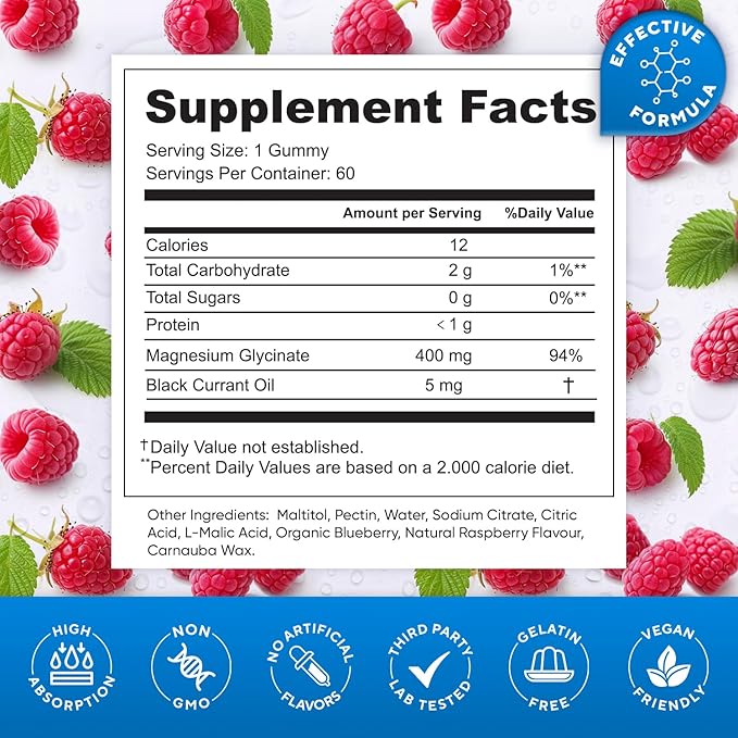 Magnesium Glycinate Gummies 400mg, High Absorption Magnesium Supplement for Adults and Kids, Sugar Free, Gelatin Free, Vegan Friendly, 60 Day Supply