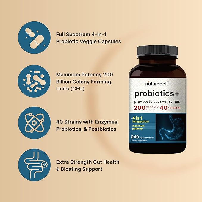 NatureBell Probiotics 200 Billion CFU Per Serving | 240 Veggie Capsules with Synbiotic Blend of Digestive Enzymes, Prebiotics, & Postbiotics – 40 Strains – Full-Spectrum Gut Health & Bloating Support