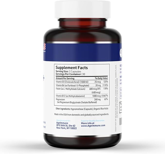 Vitamin B Complex - 60 Capsules with Vitamins B6 20mg D3 1000IU Magnesium Bisglycinate 260mg Methyl B12 1000mcg and Folate as Methylfolate 600mcg DFE. Doctor Formulated MTHFR Support Supplement.