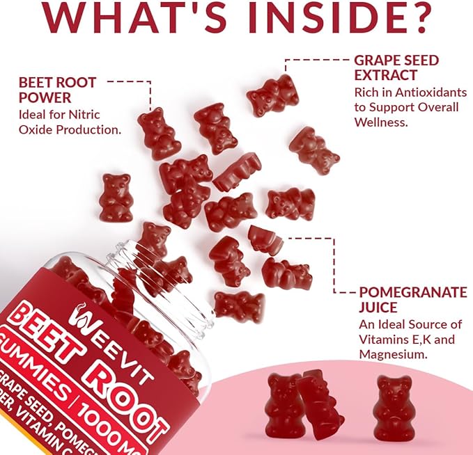Beet Root Gummies 1000mg, Nitric Oxide Supplement for Men Women | Organic Beet Gummy with Grape Seed, Pomegranate, Black Pepper, Vitamin C, B12 (2-Pack)