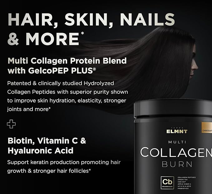 ELMNT Premium Chocolate Collagen for Women Weight Loss & Beauty w. Probiotics, ACV, KSM66, Hyaluronic Acid, Biotin & Patented Multi Collagen Peptides Protein Powder - Colageno Hidrolizado for Women