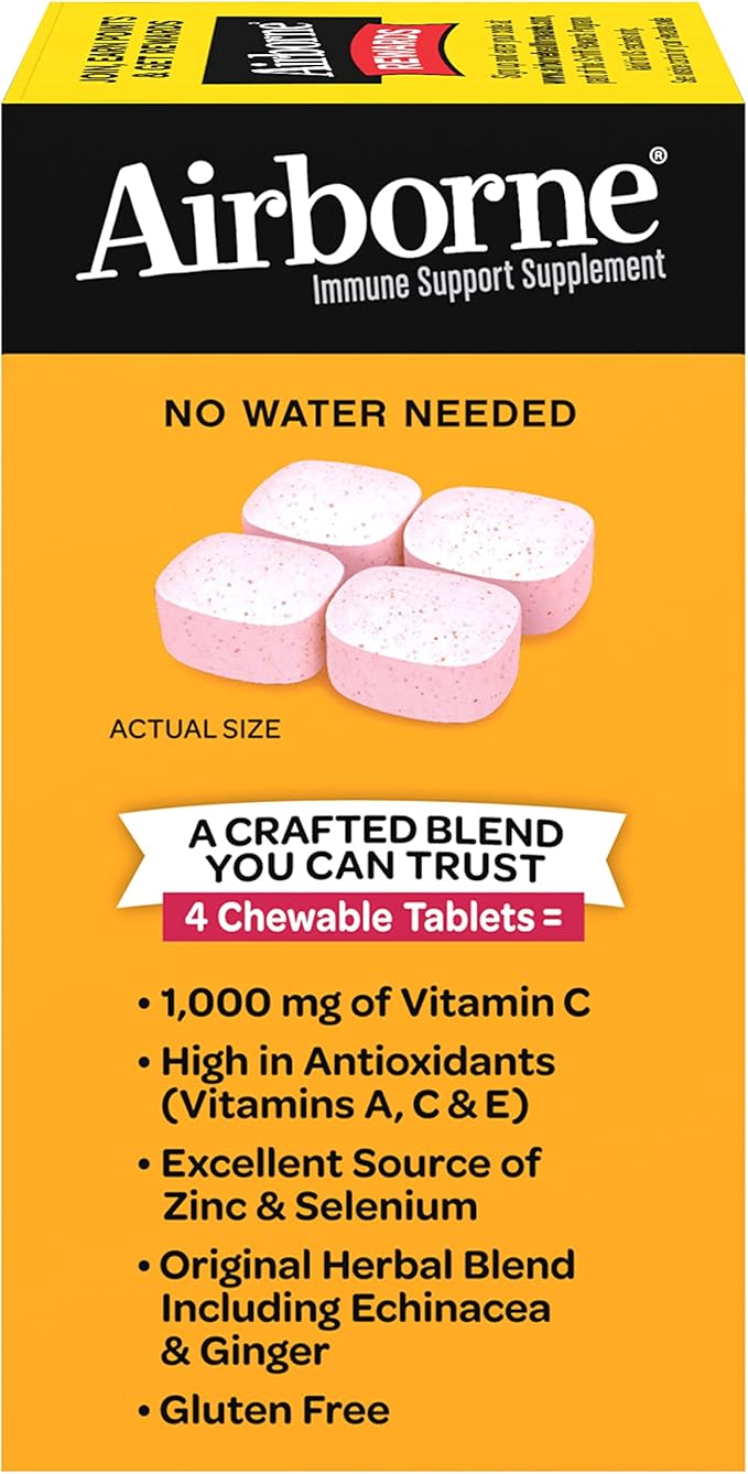 Airborne 1000mg Vitamin C Chewable Tablets with Zinc, Immune Support Supplement with Powerful Antioxidants Vitamins A C & E - 96 Chewable Tablets, Very Berry Flavor