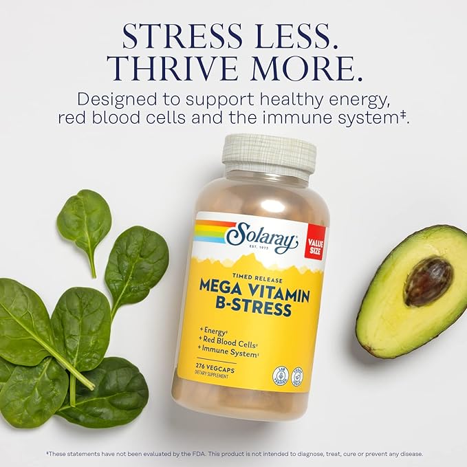 SOLARAY Mega Vitamin B-Stress - Timed Release Vitamin B Complex w/Vitamin B12, B6, Folic Acid, VIT. C - Stress, Energy, Red Blood Cell, Immune Support - Vegan, 60-Day Guarantee (276 CT)