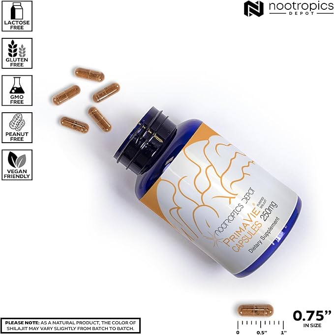 Nootropics Depot PrimaVie Shilajit Capsules | 250mg | 30 Count | Purified Extract | Ayurveda Supplement | Supports Mitochondrial Function + Boosts Endurance