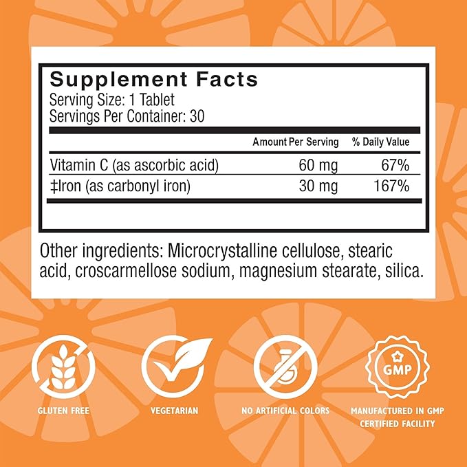 Celebrate Vitamins Bariatric Iron with Vitamin C Non-Chewable Tablets, 30 mg Iron - 90 Count