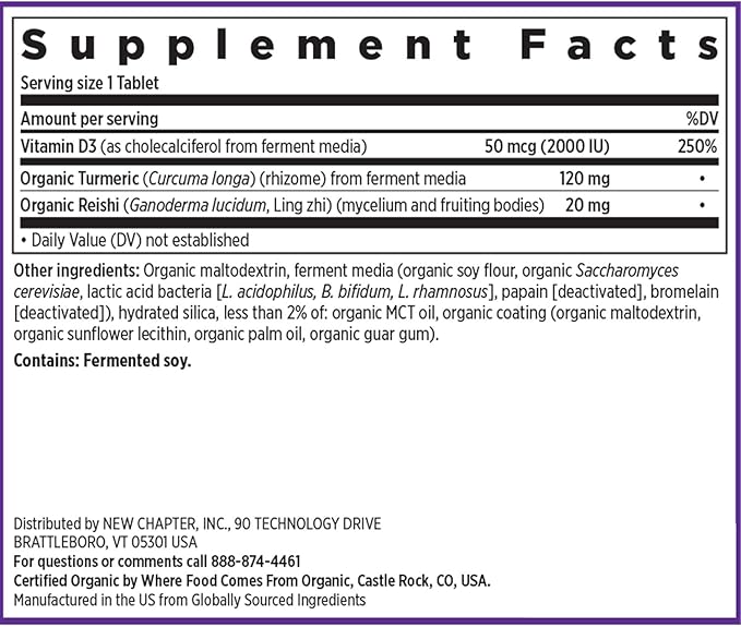 New Chapter Fermented Vitamin D3 2,000 IU, Organic, ONE Daily for Immune, Heart & Bone Support + Whole-Food Turmeric, Adaptogenic Reishi Mushroom, 100% Vegetarian, Gluten Free, 60 Count