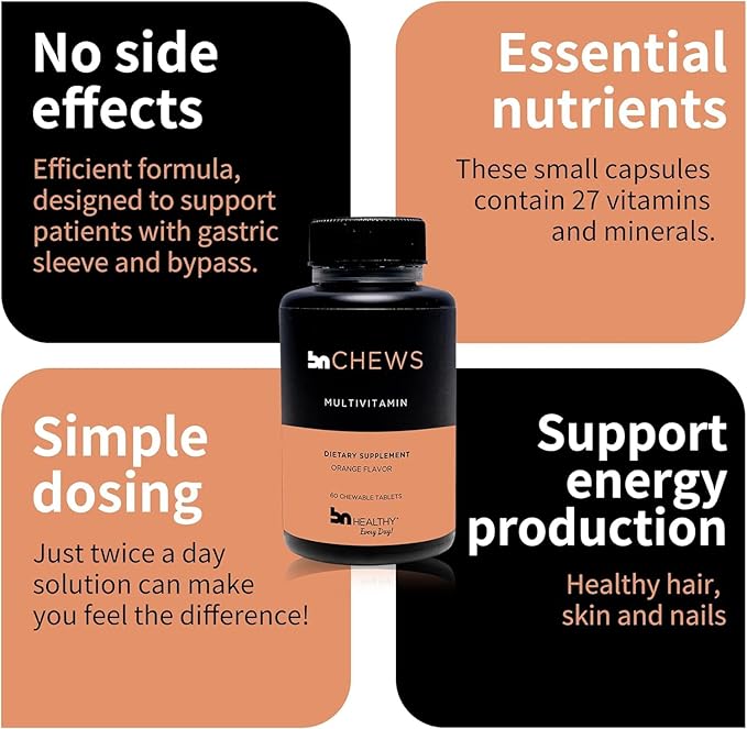 BN Chews Orange - Bariatric Multivitamin Chewable with 27 Essential Nutrients: Vitamins A, B6, B12, C, D3, 18 mg Iron & Calcium, Supports Men & Women Health(2 Pack)