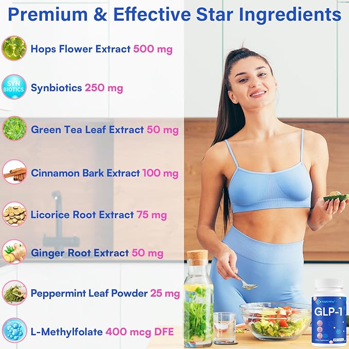 GLP-1 Supplement for Women and Men, GLP-1 Supplement | GLP-1 Support, GLP Support Core with Hops Extract, Synbiotics, Eriocitrin Support GLP-1 Level Naturally, Natural, Take Before Meal - 1 Pack