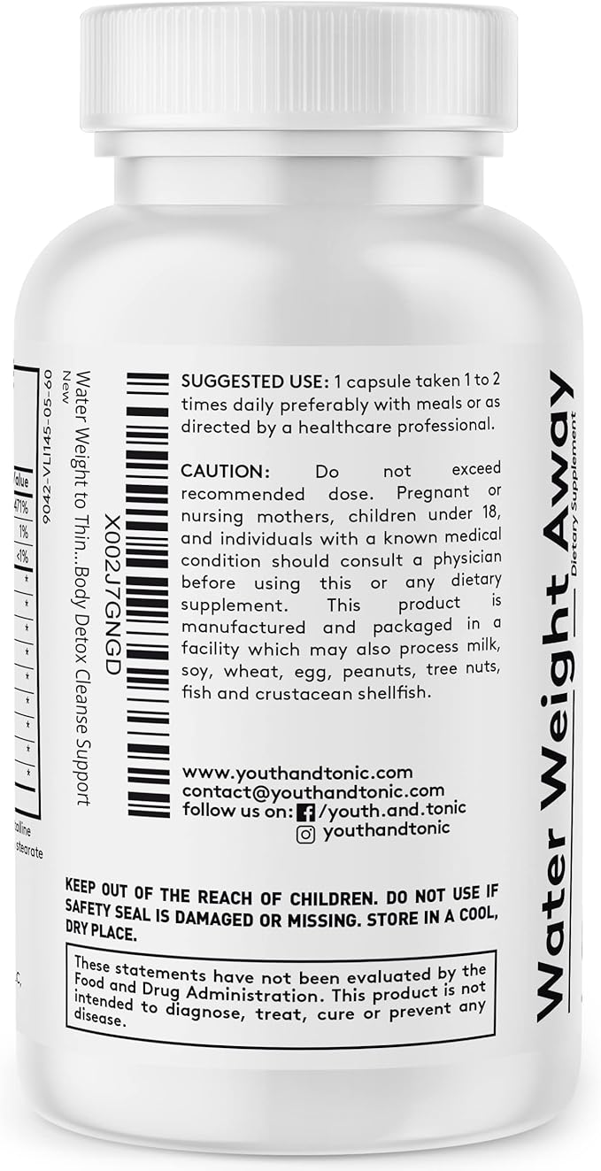 Youth & Tonic Natural Water Weight Away Pills for Belly Bloating, Water Retention & Fluid Loss – Herbal Diuretics for Swollen Legs, Feet, and Swelling – Dandelion Diuretic for Women & Men – 60 Caps