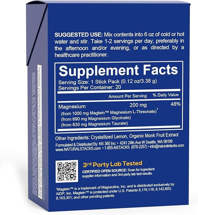MagTech Magnesium Lemonade Drink Mix - Chelated Magnesium Complex - 3 Forms of Magnesium: Magtein Magnesium L-Threonate, Glycinate & Taurate - Supports Relaxation & Brain Health*, 20 Stick Packs