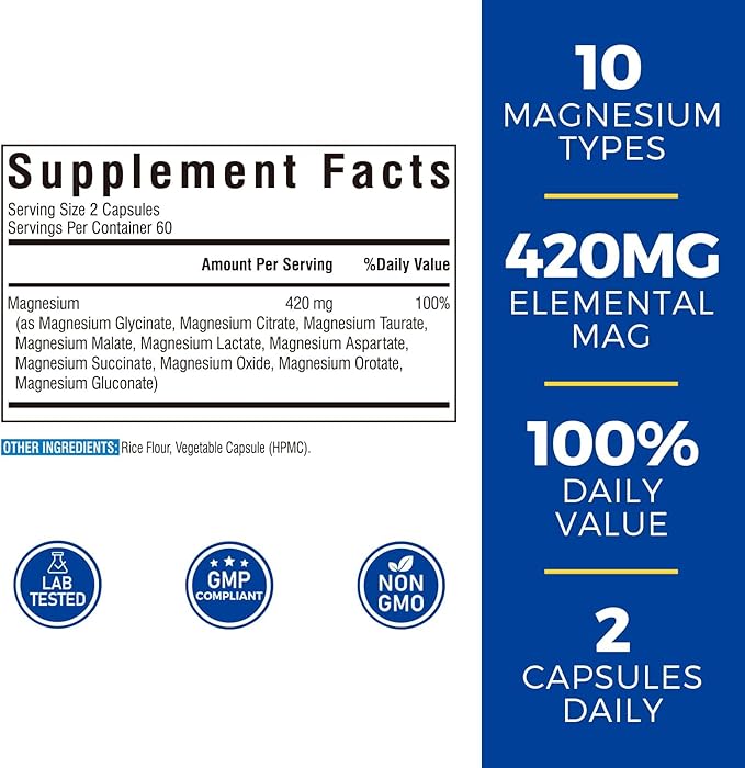 10 in 1 Magnesium Complex, 420mg Elemental Magnesium | Ultra Strength, Max Absorption | Chelated Magnesium Supplement for Sleep, Muscles, Nerves & Heart Health | Non-GMO, 120 Vegan Capsules