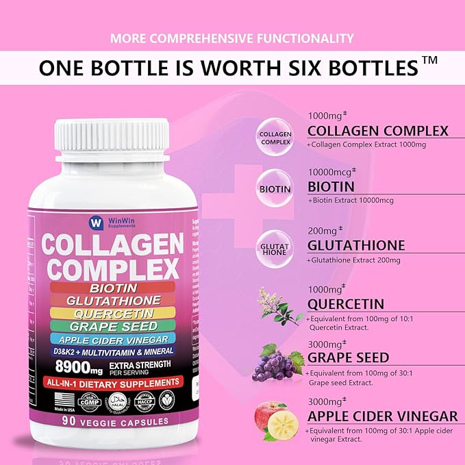 Collagen1000mg Type I, II, III, V, X Multi- Organic Quercetin Grape Seed, Apple Cider Vinegar Botanical Supplement with Biotin Glutathione Multi-Vitamins and Minerals Vitamin 29in1 Made in USA
