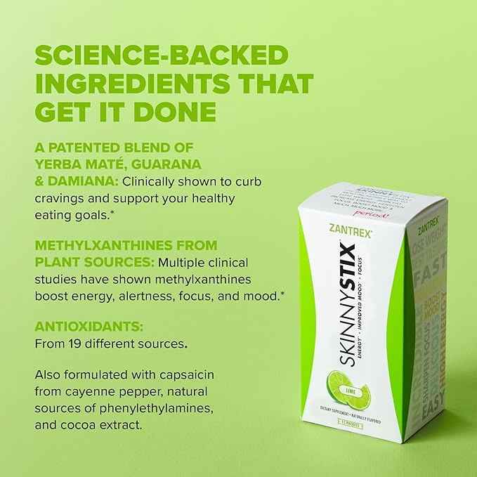 Zantrex SkinnyStix Energy Powder – GLP-1 Support, Boost Mood – 10 Calories – Yerba Mate, Coffee Bean – 15 Stix, Lime