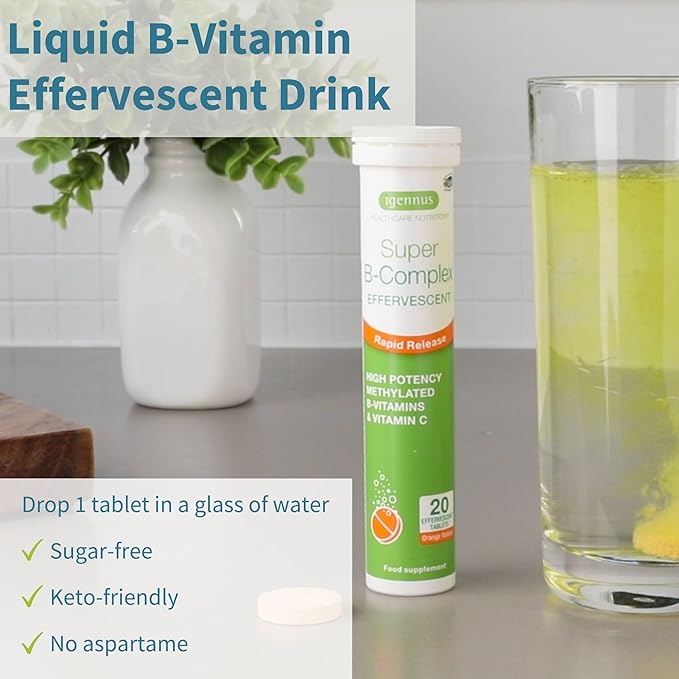 Super B-Complex Methylated Liquid B-Vitamin Effervescent Supplement, Fast Action Energy Drink, Caffeine & Sugar-Free, Orange Flavor, Vegan, 20 Tablets, by Igennus