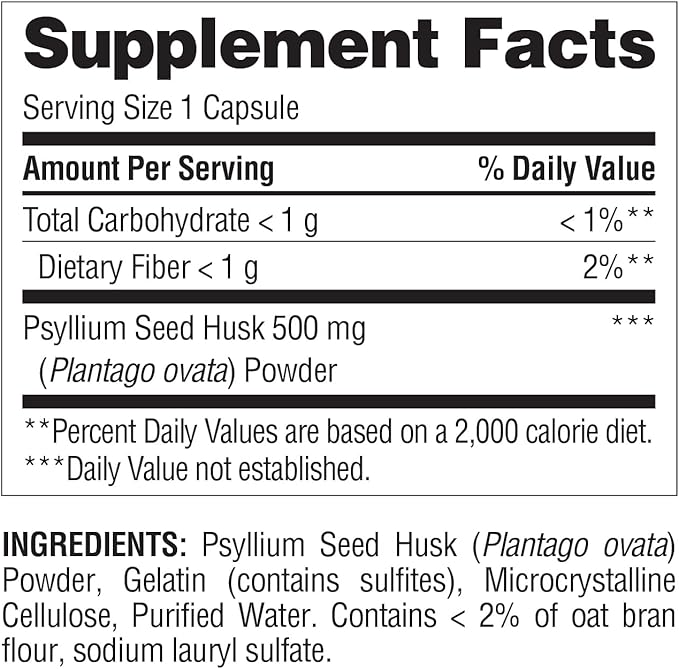 Nature's Wonder Psyllium Husk 500 mg Capsules for Digestive Health, Plant-Based Fiber, 200 Count