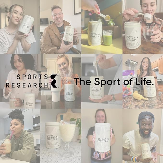 Sports Research® Organic Collagen Peptides - Hydrolyzed Type I & III Collagen Protein Powder Made Sustainably from Grass-Fed Cows - Unflavored - 30 Servings