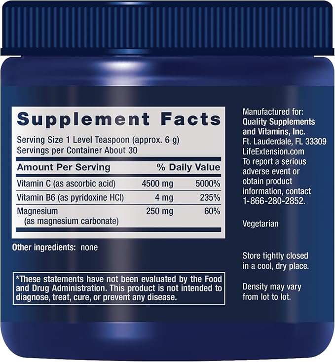 Life Extension Effervescent Vitamin C Magnesium Crystals, immediate Relief from Occasional Constipation, Gluten-Free, Non-GMO, Vegetarian, Net Wt. 180 Grams
