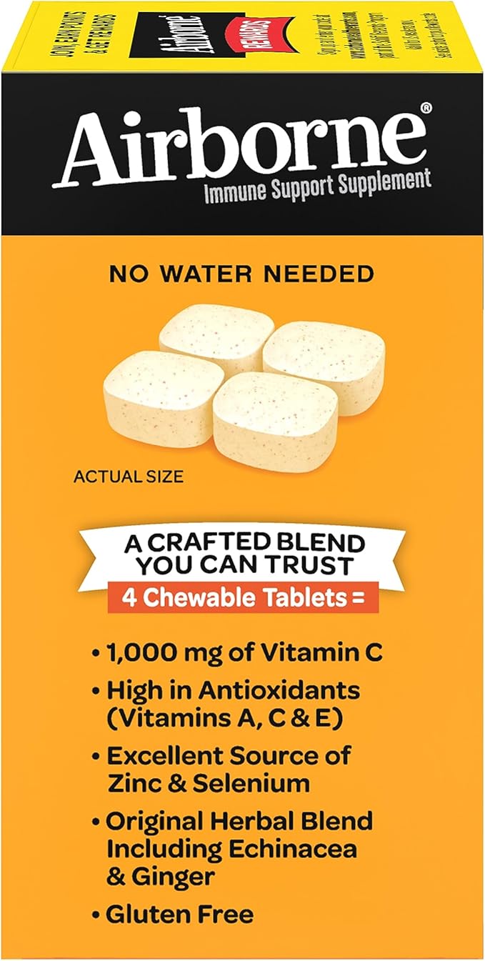 Airborne 1000mg Chewable Tablets with Zinc, Immune Support Supplement with Powerful Antioxidants Vitamins A C & E - 96 Tablets, Citrus Flavor