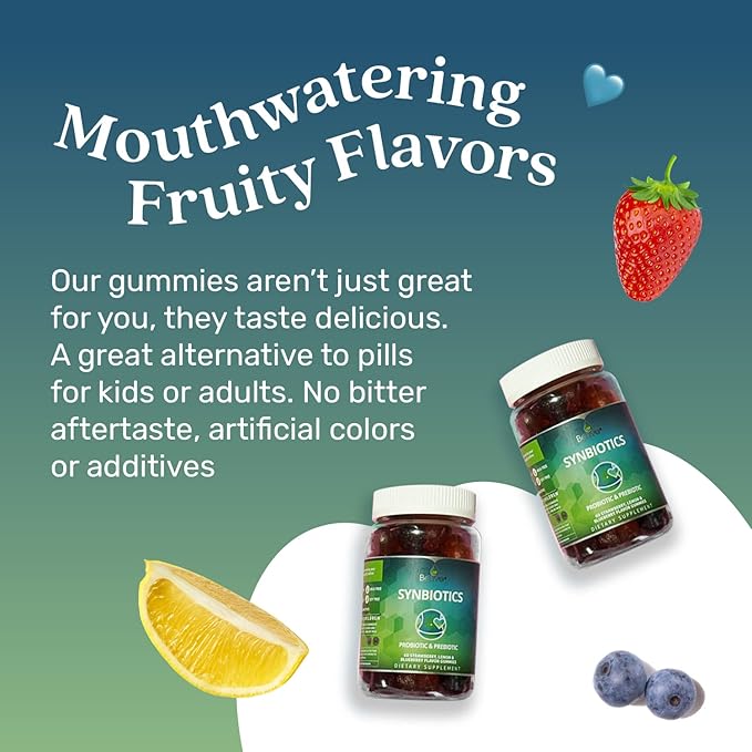 BeLive Synbiotics - Probiotic & Prebiotic Fiber Gummies – High Strength Inulin (3g), Dietary Fiber Supplement, Digestive Support for Kids & Adults - Strawberry, Lemon, Blueberry Flavor | 3-Pack