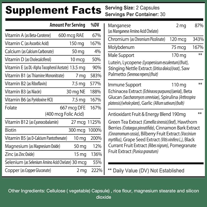 Vitamins for Men–Daily Multivitamins for Men Support for Energy, Immunity, Focus, and Performance. Mens Vitamins A, B12, C, D, E, Zinc, Calcium & Magnesium. Men's multivitamin Vegetable Capsules.
