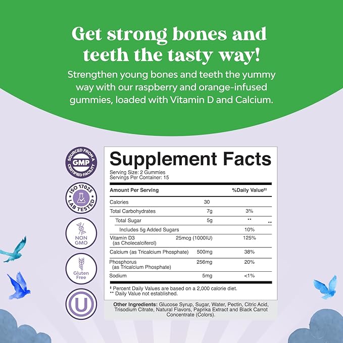 Tasty Kids Calcium Gummies - Vitamin D & Calcium Gummies for Children - Vitamin Gummies with Calcium & Vitamin D for Muscle Bone & Development - Gelatin-Free Kosher Childrens Gummies 30ct (1 Pack)