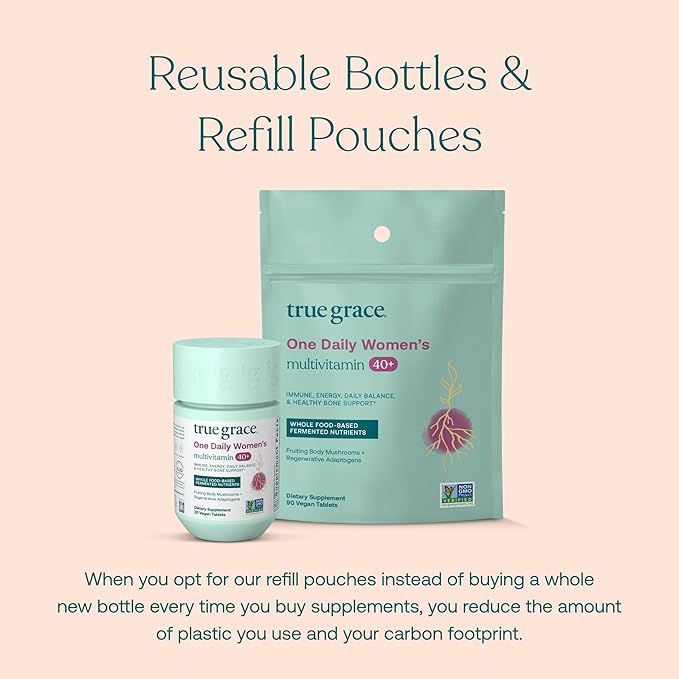 True Grace One Daily Women’s Multivitamin 40+ Fermented Minerals, Organic Adaptogens & Mushrooms Energy, Immune, Bone, Heart Support - Iron Free, Non-GMO, Gluten Free, Soy Free - 90 Vegan Tablets