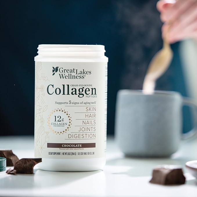 Great Lakes Wellness Collagen Peptides Powder for Skin, Hair, Nails, Joints & Digestion - Chocolate Flavored - Quick Dissolve Hydrolyzed, Non-GMO, Kosher - 10 oz - Packaging May Vary