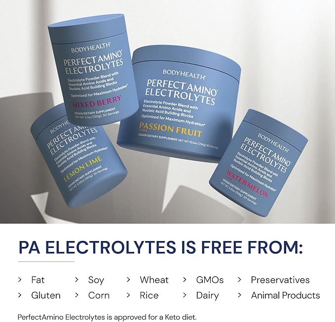 BodyHealth PerfectAmino Electrolytes Powder, Hydration Powder, Sugar Free Electrolyte Drink Mix, Keto Electrolytes Powder, Non GMO, Mixed Berry Flavor (30 Servings)