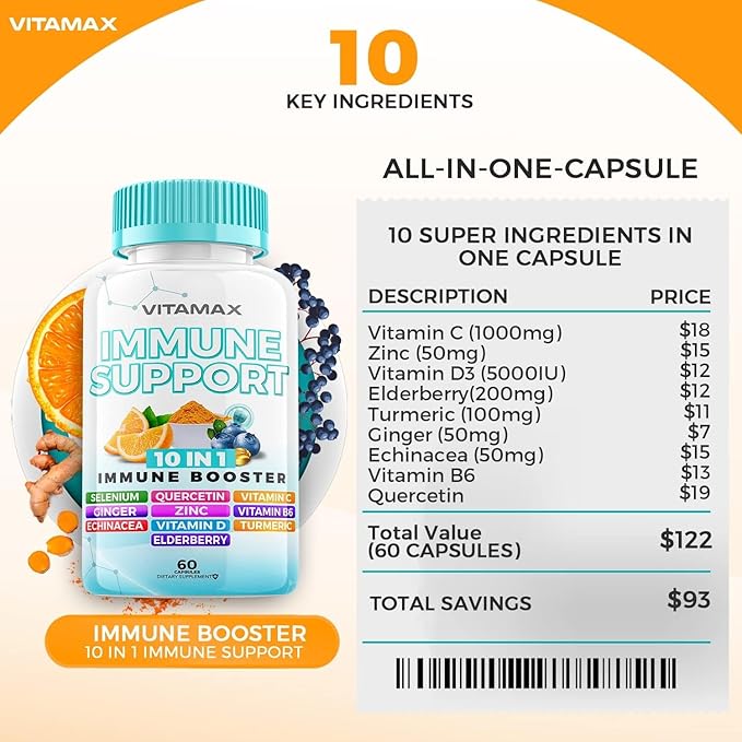 10-in-1 Immune System Support Booster with Elderberry, D3, Selenium, Quercetin, Zinc, Vitamin C, Ginger, Turmeric Curcumin, B6, Echinacea – Natural Immune Defense – Made in USA (60 Count (Pack of 1))