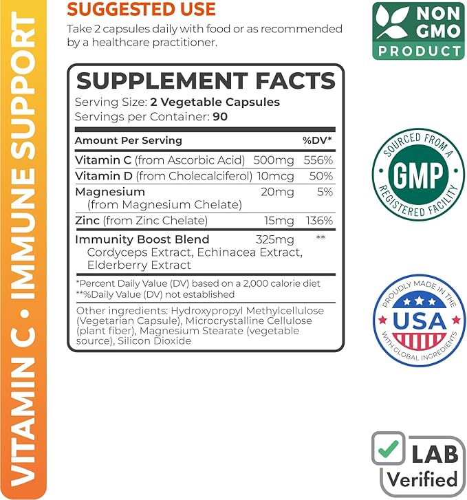 Vitamin C Immune Support Supplement - Immunity Boost Blend with Elderberry Vitamin C and Zinc for Daily & Seasonal Support - Immunity Supplement with Magnesium Zinc Vitamin C and D (3 Months Supply)
