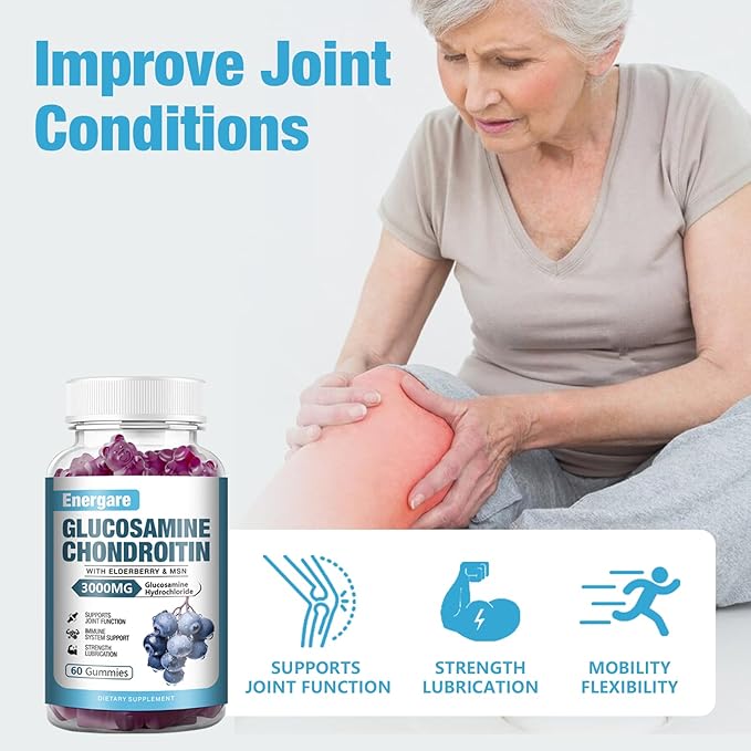 1 Pack 3000mg Glucosamine Chondroitin with MSM Gummies & Elderberry, Extra Strength Joint Support Health, Flexibility, Antioxidant, Immune Supplement Gummy for Adults, Men & Women 60 Counts