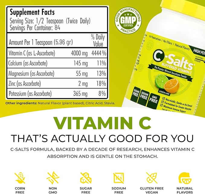 4000mg Vitamin C Powder Supplement - 100% Pure Buffered Powdered Drink with Ascorbate C - Immune Support, Stomach-Friendly Absorption, Organic, Vegan, Sodium & Sugar-Free, Lemon Lime 8oz