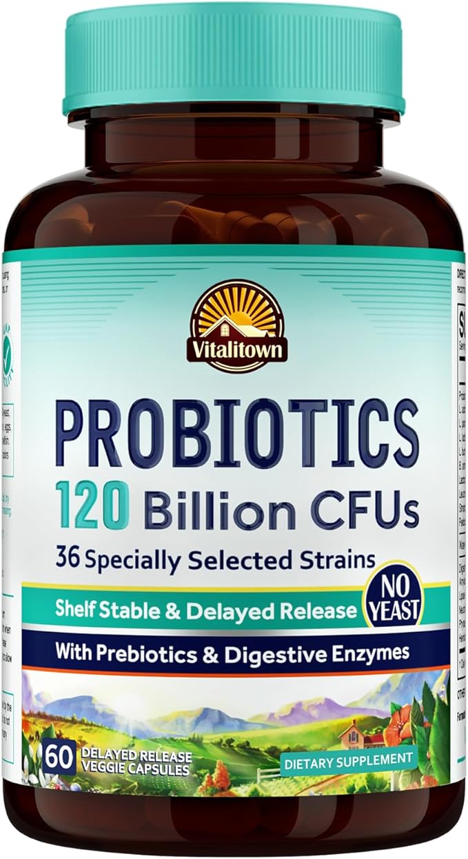 Vitalitown Probiotics 120 Billion CFUs | 36 Strains, with Prebiotics & Digestive Enzymes | Shelf Stable | Digestive Health & Immune Support | Vegan, Non-GMO | Pack of 1 | 60 Delayed Release Veg Caps