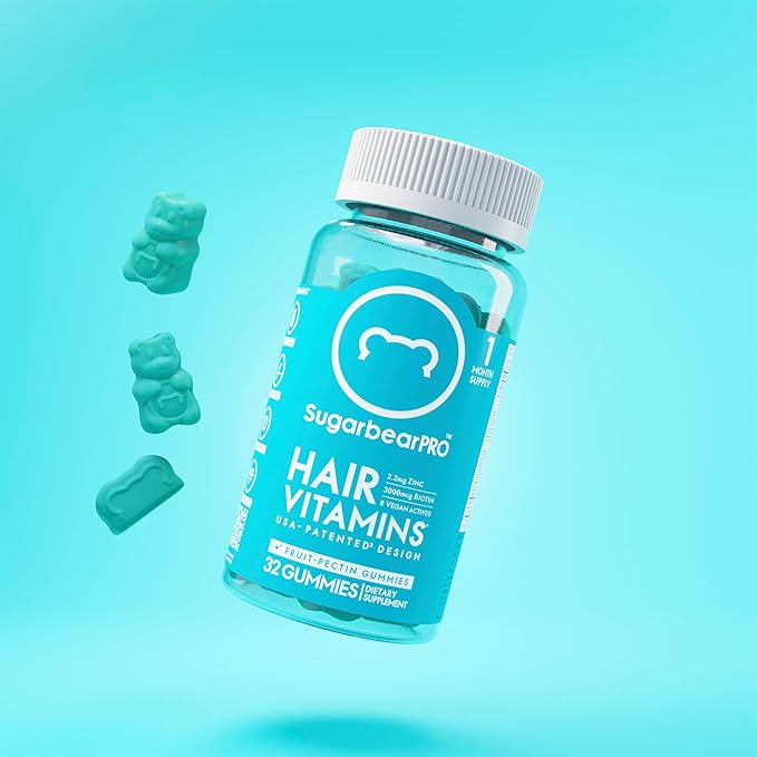 Sugarbear Hair Vitamin Gummy 1 Month Supply Extra Strength Biotin 6000mcg, Growth for Men & Women, Vegan Vitamin B12, MSM, Inositol, Omega 3, Elderberry, Certified Kosher, Halal, Cruelty-Free
