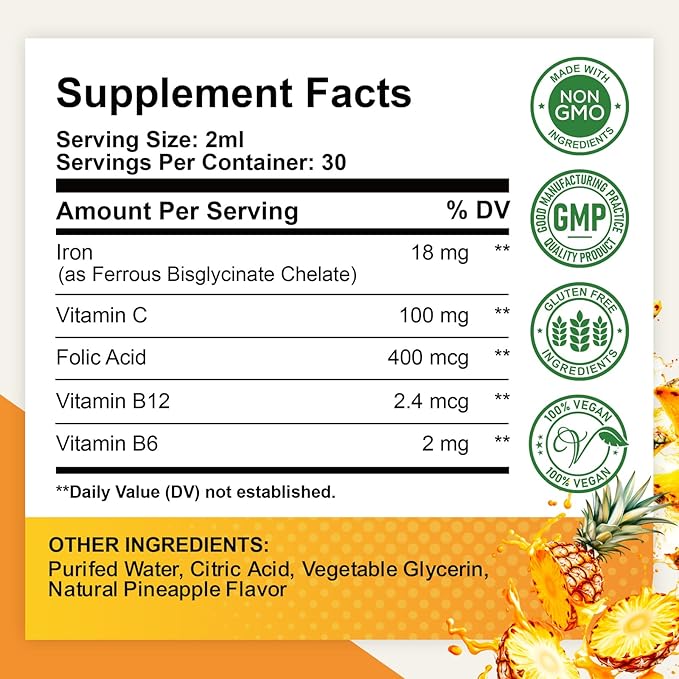 Liquid Iron Supplement for Women, Men & Kids, Liquid Iron Drops with Folate, Vitamin C, B6, B12 for Anemia, Red Blood Cell, Energy Support, Pineapple Flavor, 2 Fl Oz